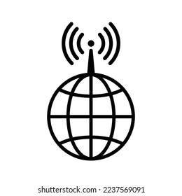 Line icon of globe and antenna with signals. Symbol of Internet connection or other communication transmission across the planet and beyond. Vector Illustration