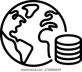 Ícone de linha do globo com moedas simbolizando as finanças globais e a economia mundial.