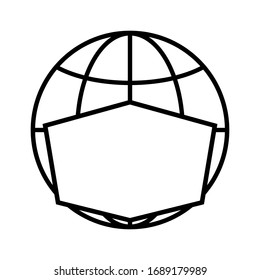 Line icon of globe in face mask. Protection of planet from COVID-19 coronavirus infection or other biological or environmental danger. Vector Illustration 