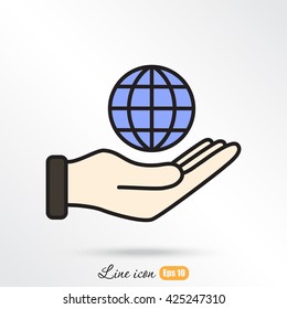 Line icon- Globe and hand