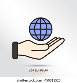 Line icon- Globe and hand