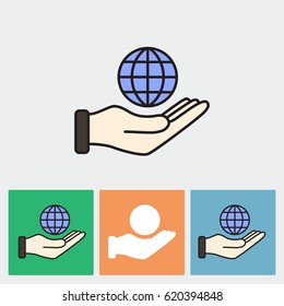 Line icon- Globe and hand
