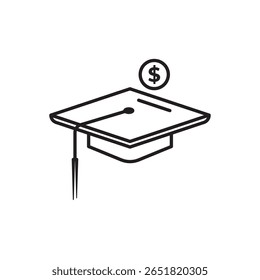 Line icon of a graduation cap with a dollar symbol above it, representing education savings, tuition planning, or student financial aid.
