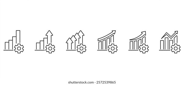 Line icon of Growth graph vector with gear, Bar chart. Business chart. Financial rise up. Increase profit. Economic graphic growth arrow rising. Chart icon in Transparent background. Editable stroke.