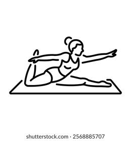 A line icon of a gymnastic woman correcting her body alignment by doing yoga stretching 