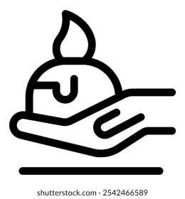 Line icon of a hand carefully holding a burning round candle with melted wax, symbolizing hope, remembrance, or spirituality