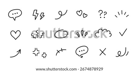Line icon hand cartoon effect arrow movement draw fun brush element. Icon line element sketch express cute design stroke mark motion shape anime funny sign marker comic question outline pen sticker.