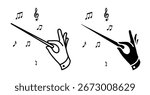 Line icon. Hand of conductor composer holds baton directing musicians of orchestra. Simple black and white vector isolated on white background