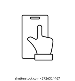 Ícone de linha de um dedo da mão tocando em uma tela do smartphone.