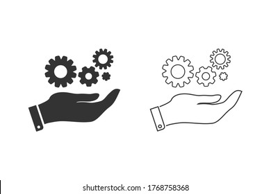 Juego de manos y engranajes de los iconos de la línea. Ilustración del vector