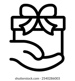 Line icon of a hand holding a gift box with a ribbon, representing the act of giving a present