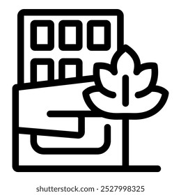 Line icon of a hand holding a green leaf near a modern building, promoting eco friendly architecture and sustainability