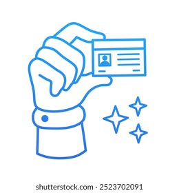 line icon. hand holding ID card. hand drawn icon in blue gradient color