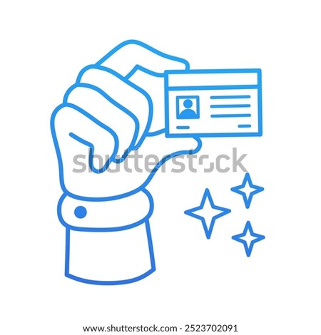 line icon. hand holding ID card. hand drawn icon in blue gradient color