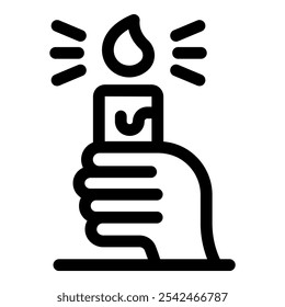 Line icon of a hand holding a lighter that is lit and producing a flame