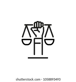 Line icon of hand holding scales. Civil rights symbol, justice, lawyer. Courthouse concept. Can be used for topics like judicial system, legislation, society