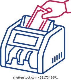 Line icon of a hand inserting paper money into an automated currency counting machine for bank or business use.