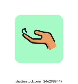 Line icon of hand with moisturizer. Hand cream, liquid soap, balm. Make-up concept. For topics like beauty, skincare, spa