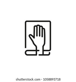 Line icon of hand on bible or constitution. Oath, pledge, witness. Court concept. Can be used for topics like politics, law, religion