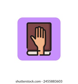 Line icon of hand on bible or constitution. Oath, pledge, witness. Court concept. Can be used for topics like politics, law, religion