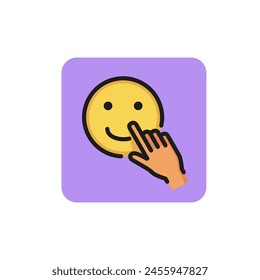 Icono de línea de mano apuntando cara sonriente. Positividad, Comentarios, mensaje móvil. Concepto de comunicación por Internet. Se puede utilizar para temas como emociones, redes, aplicaciones
