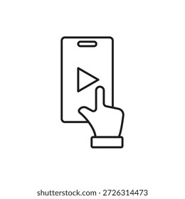 Icono de línea de mano tocando jugar en la pantalla del teléfono inteligente.