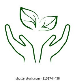 Line icon of hands carefully holding green leaves. Symbol of ecology, environmental awareness, nature protection concept. Vector Illustration