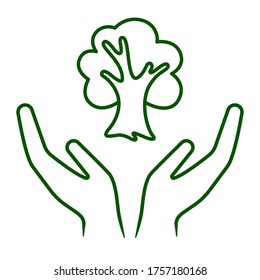 Line icon of hands carefully holding green tree. Symbol of ecology, environmental awareness, nature protection concept. Vector Illustration