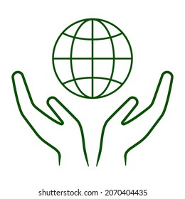 Line icon of hands carefully holding globe. Symbol of ecology, environmental awareness, nature protection concept. Vector Illustration