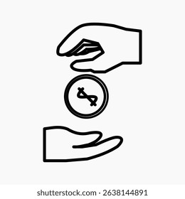 Line icon of hands giving zakat with coin. Islamic charity and generosity symbol.