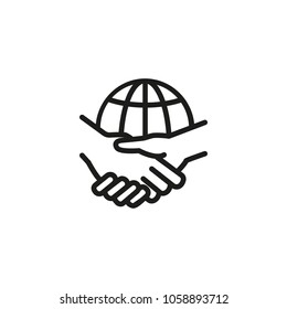 Line Icon Handshake Against Globe. International Partners, Global Business, Contract Between International Companies. Deal Concept. Can Be Used For Topics Like Business, Communication, Internet