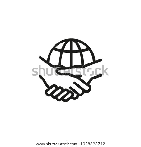 Line icon handshake against globe. International partners, global business, contract between international companies. Deal concept. Can be used for topics like business, communication, internet