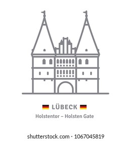 Line icon of Holsten Gate at Lubeck, Germany with German flags