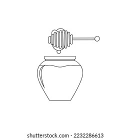 Line icon honey jar with stick vector linear illustration, outline drawing of honey pot icon isolated on background. Honey jar outline icon. Sketching of Honey dripping from the stick into the jar