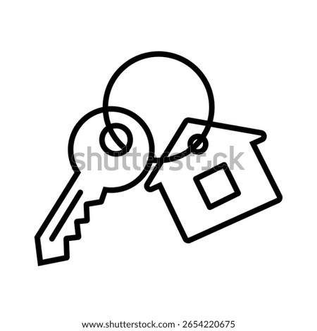 Line icon of house key with keychain, used in real estate, rental, and construction. Editable stroke. vector illustration