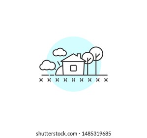 Line icon with a house, trees, sun and clouds. Simple symbol in modern style for web, internet provider.