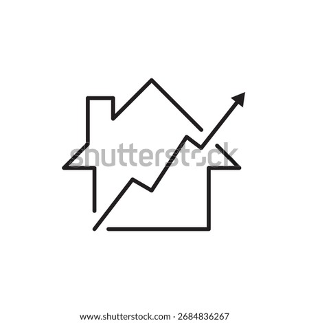Line icon of a house with an upward graph, symbolizing property value growth. Ideal for illustrating real estate investment, market rise, housing prosperity, and financial gain in websites and apps.