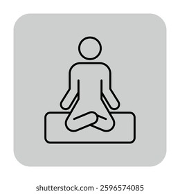 Line icon of human figure in seated meditation posture, promoting health and wellness. Mindfulness and relaxation concept