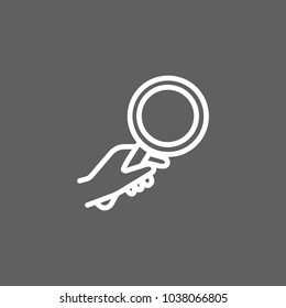 Line icon of human hand holding magnifying glass. Exploration, search, investigation. Gesture concept. Can be used for web design, mobile icons and pictograms