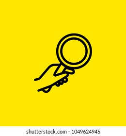 Line icon of human hand holding magnifying glass. Exploration, search, investigation. Gesture concept. Can be used for web design, mobile icons and pictograms
