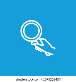 Line icon of human hand holding magnifying glass. Exploration, search, investigation. Gesture concept. Can be used for web design, mobile icons and pictograms