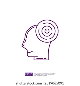 Ícone de linha da cabeça humana com símbolo de botão de energia dentro, conceito de poder cerebral, mente humana, pensamento, ideia, solução, inovação
