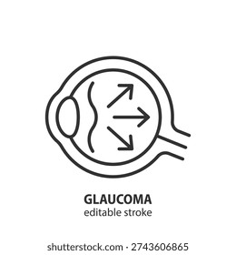 Line icon illustrating glaucoma with inward-pointing arrows, representing intraocular pressure in an eye. Medical health concept for ophthalmology. Editable stroke. Vector illustration.
