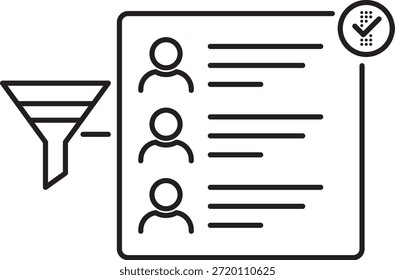 Liniensymbol zur Darstellung der Benutzeroberfläche für die Benutzerfilterung und -überprüfung mit Trichterprofilliste und Genehmigungsprüfung für Workflows zur Datenverwaltung, -moderation und -auswahl