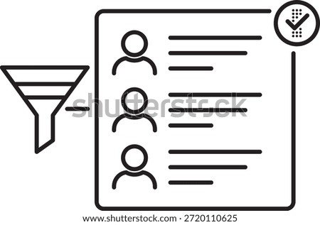 Line icon illustrating user filtering and verification interface with funnel profile list and approval check for data management moderation and selection workflows