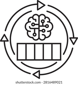 Line icon illustration featuring an artificial intelligence brain with circuitboard pattern inside a circular process arrow cycle