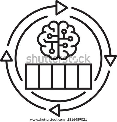 Line icon illustration featuring an artificial intelligence brain with circuitboard pattern inside a circular process arrow cycle