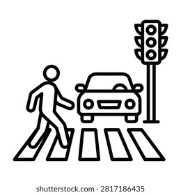 Line icon illustration of a pedestrian safely walking across a zebra crosswalk while a car waits at a traffic light signal. Perfect for urban planning, traffic laws, and road safety concepts
