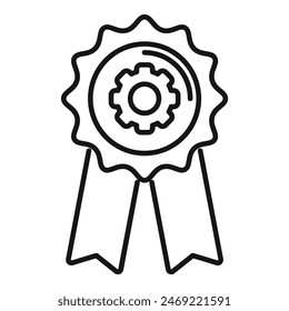 A line icon illustration of a quality assurance badge with a gear and ribbons