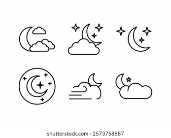 
The line icon image of the moon and clouds is suitable for night-themed designs. Great for backgrounds, coloring pages, stationery and digital illustrations.
